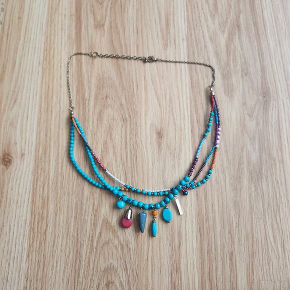 Boho Layered Turquoise Charm Statement Necklace Multicolor Bead Bib Festival 25" - Picture 7 of 8